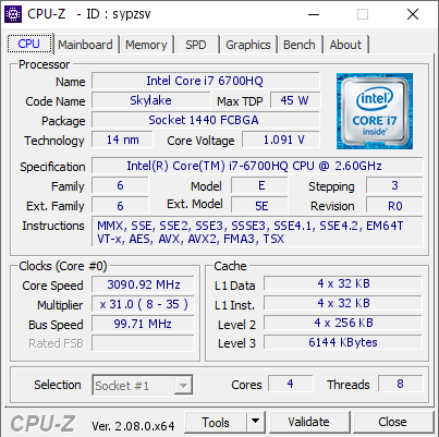 Intel Core i7 6700HQ @ 3090.92 MHz - CPU-Z VALIDATOR