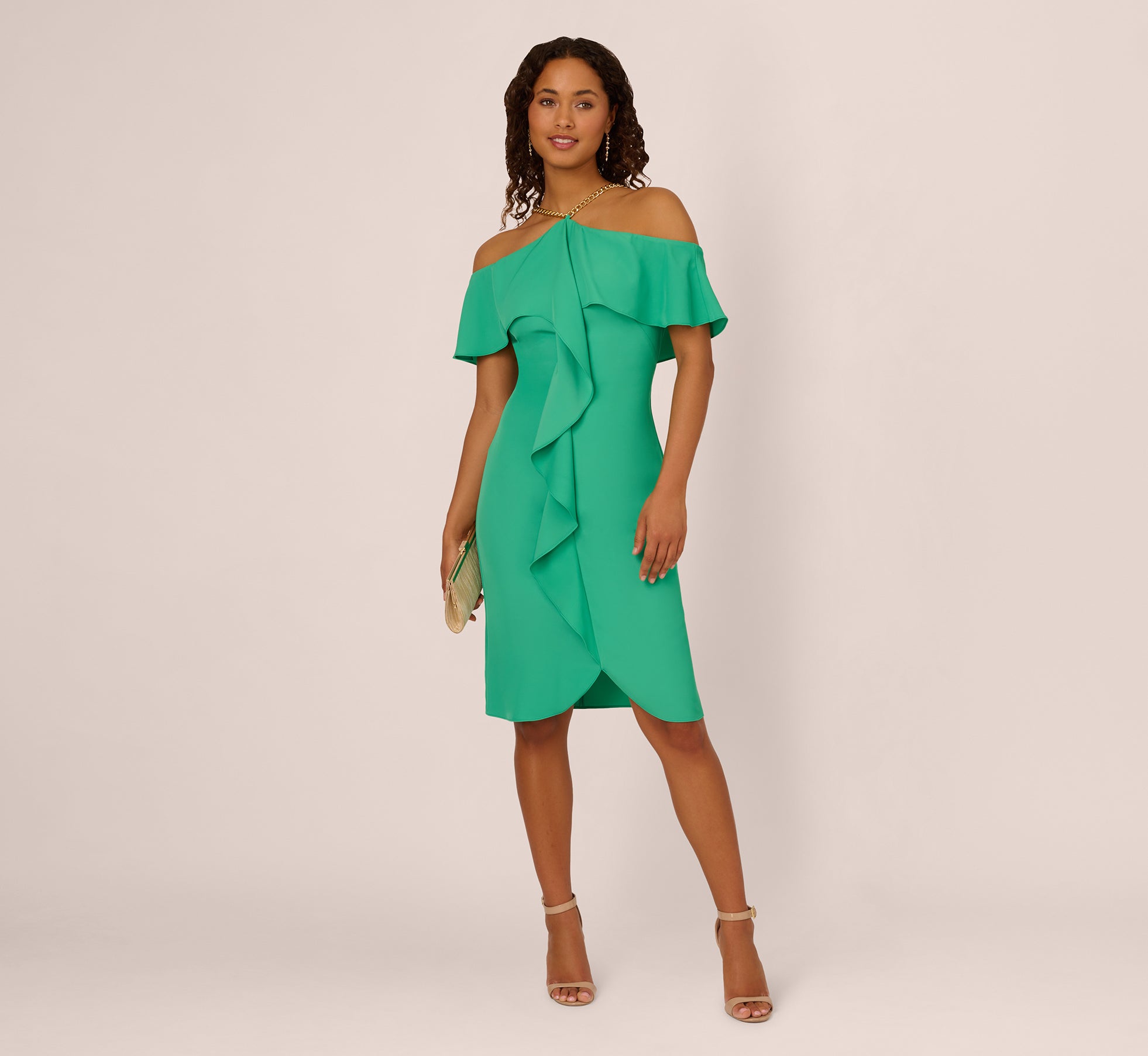 Ruffle Popover Midi Dress With Chain Halter Neckline In Flora