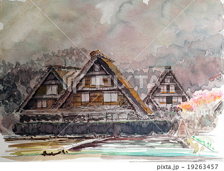 早春の五箇山 白川郷 合掌造りのスケッチ画のイラスト素材 [19263457