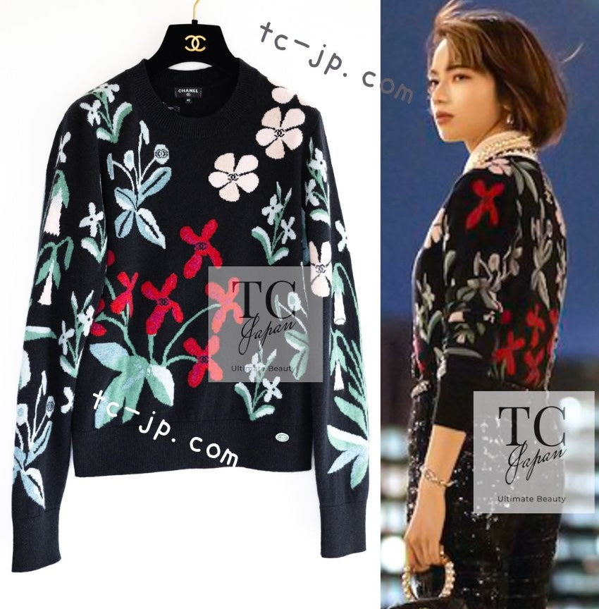 シャネル セーター CHANEL ブラック マルチカラー 花柄 カシミア