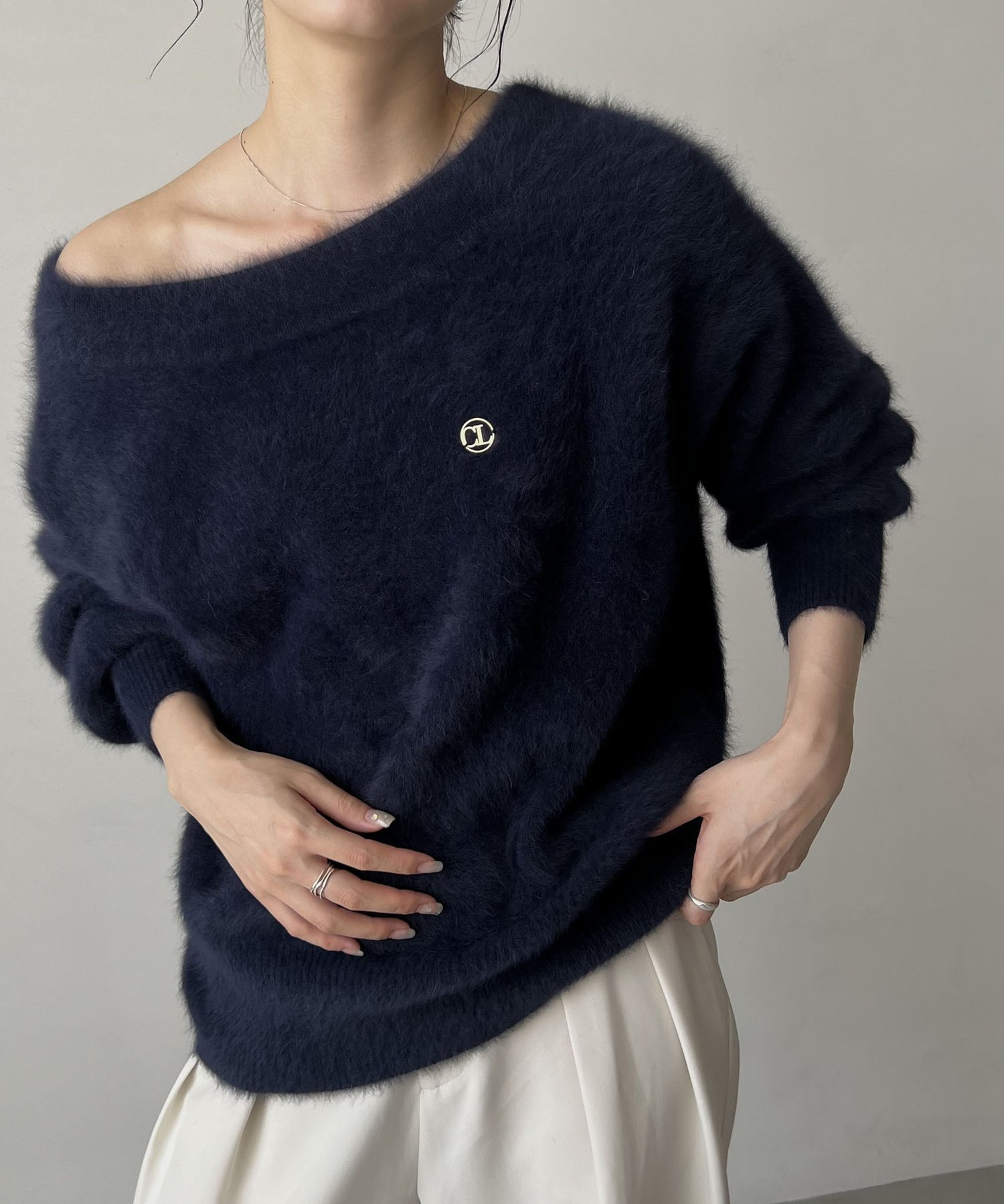 C.L」FOXカシミアボートネックニットネイビー