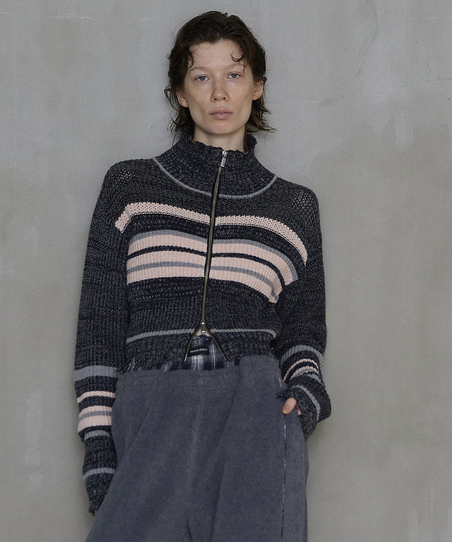 MAISON SPECIAL｜Front Zip Mesh Border Knitwear | Rakuten Fashion