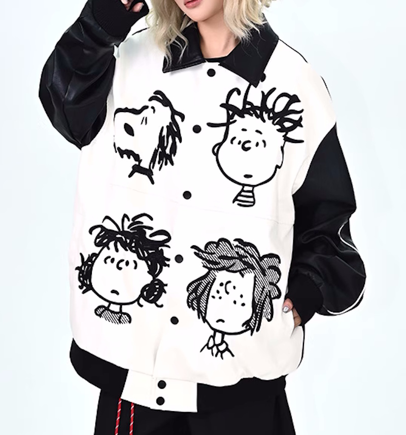 Unisex Snoopy Leather Sleeve Jacket Blouson Stadium Jumper coat