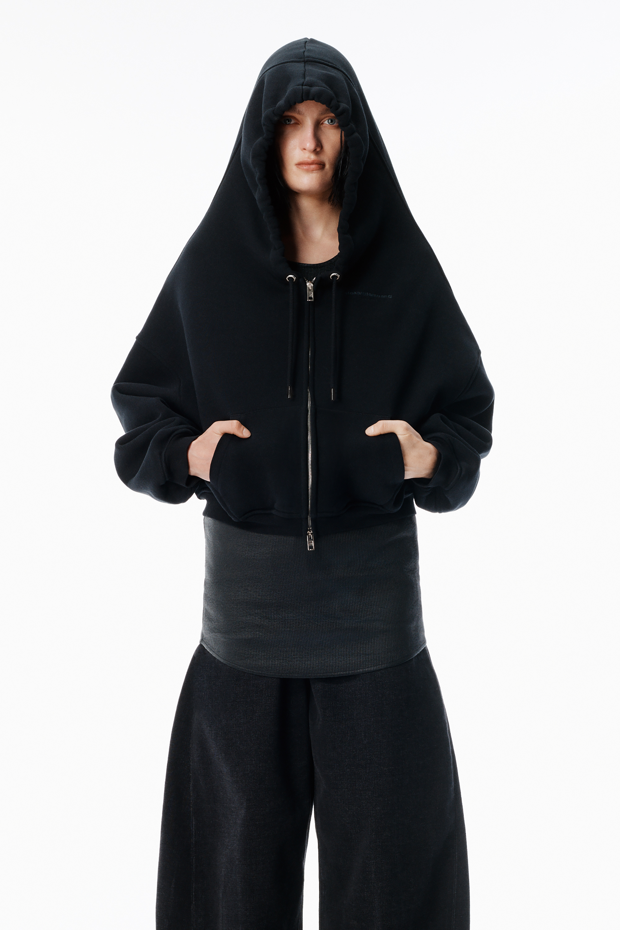Black Veil Zip-Up Hoodie in BLACK | alexanderwang®