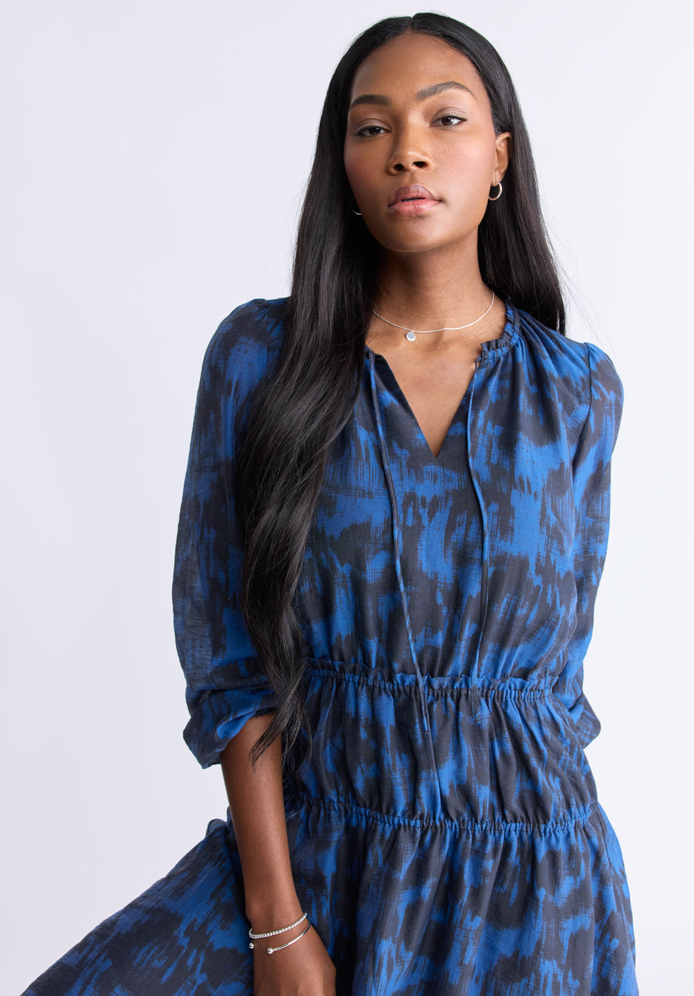 Virlen Women's Long Sleeve Tie-neck Printed Midi Dress, Navy