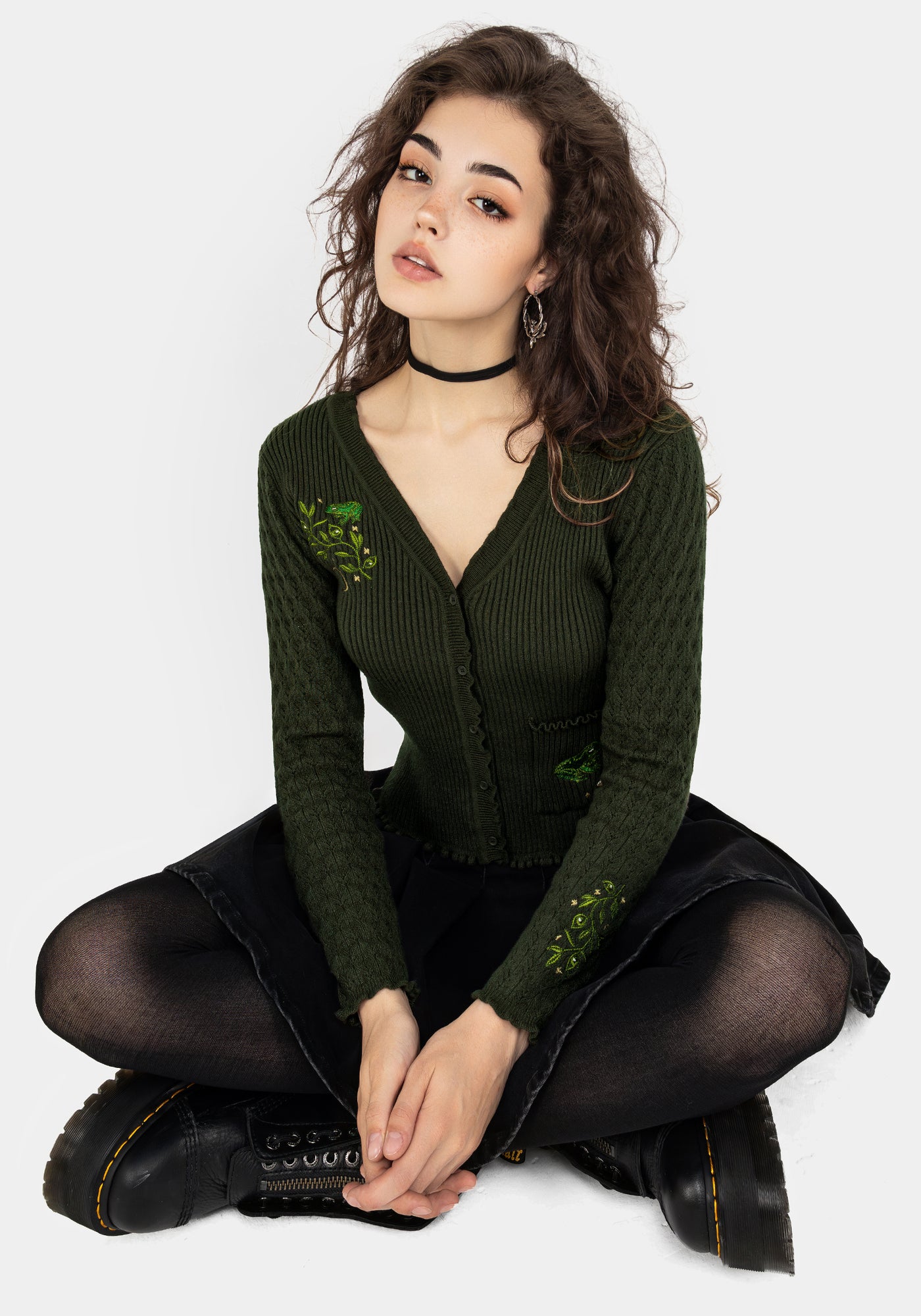 Swamplife Embroidered Pointelle Knit Crop Cardigan | Disturbia