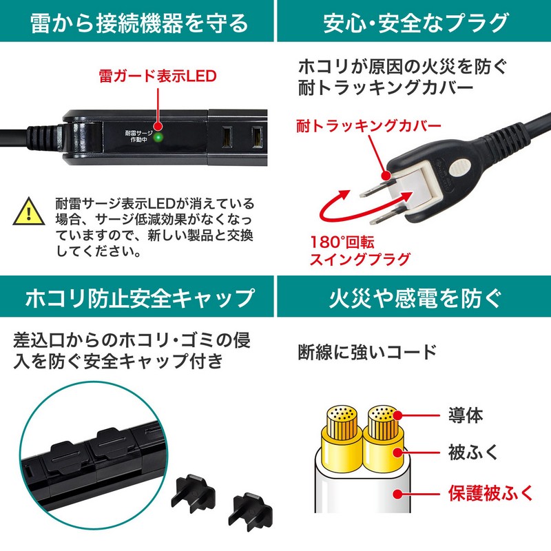 エルパ(ELPA) くるくる電源タップ AC 4個口 USB-A×2 コード長 2m 雷
