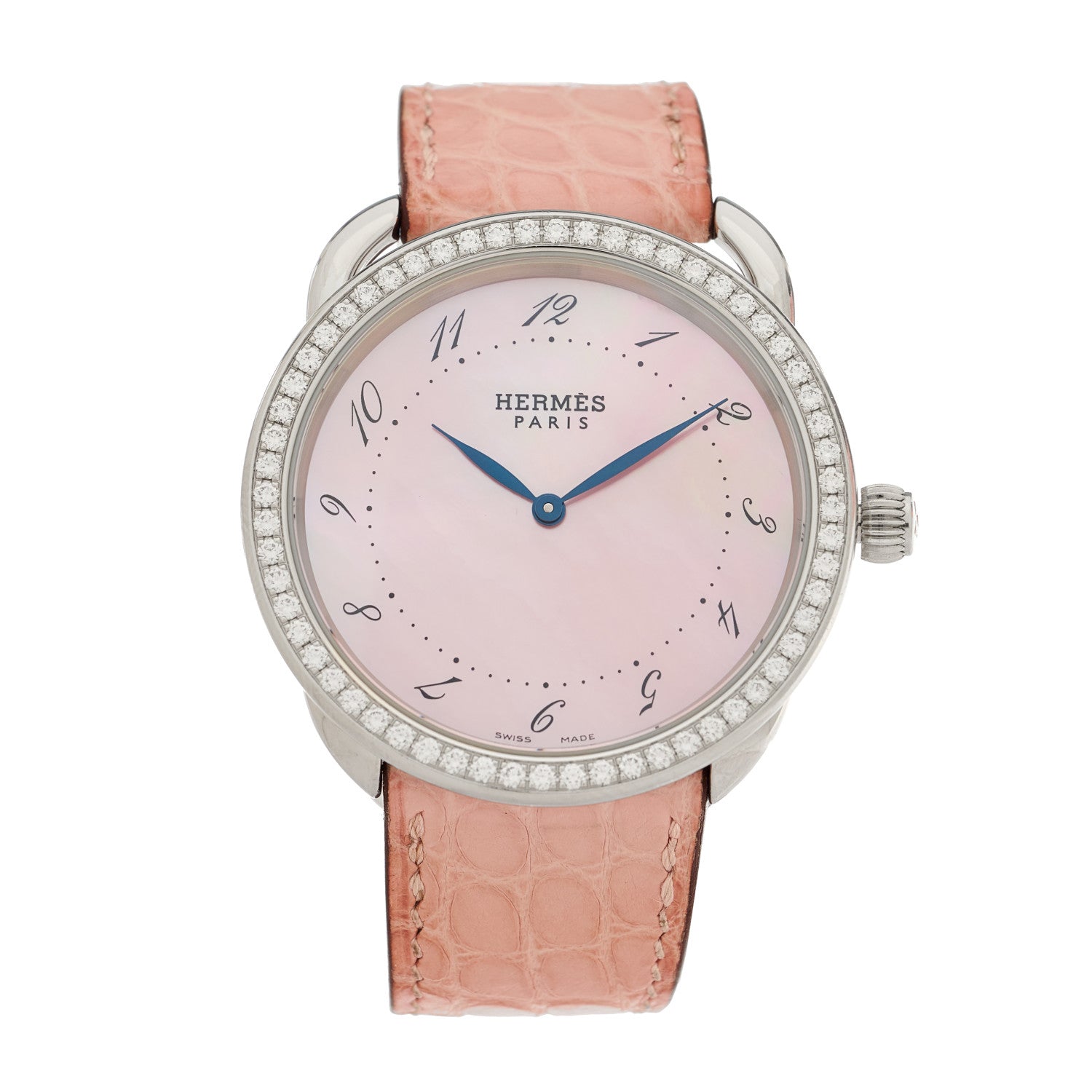 Hermes Stainless Steel Alligator Diamond Bezel Pink Mother of