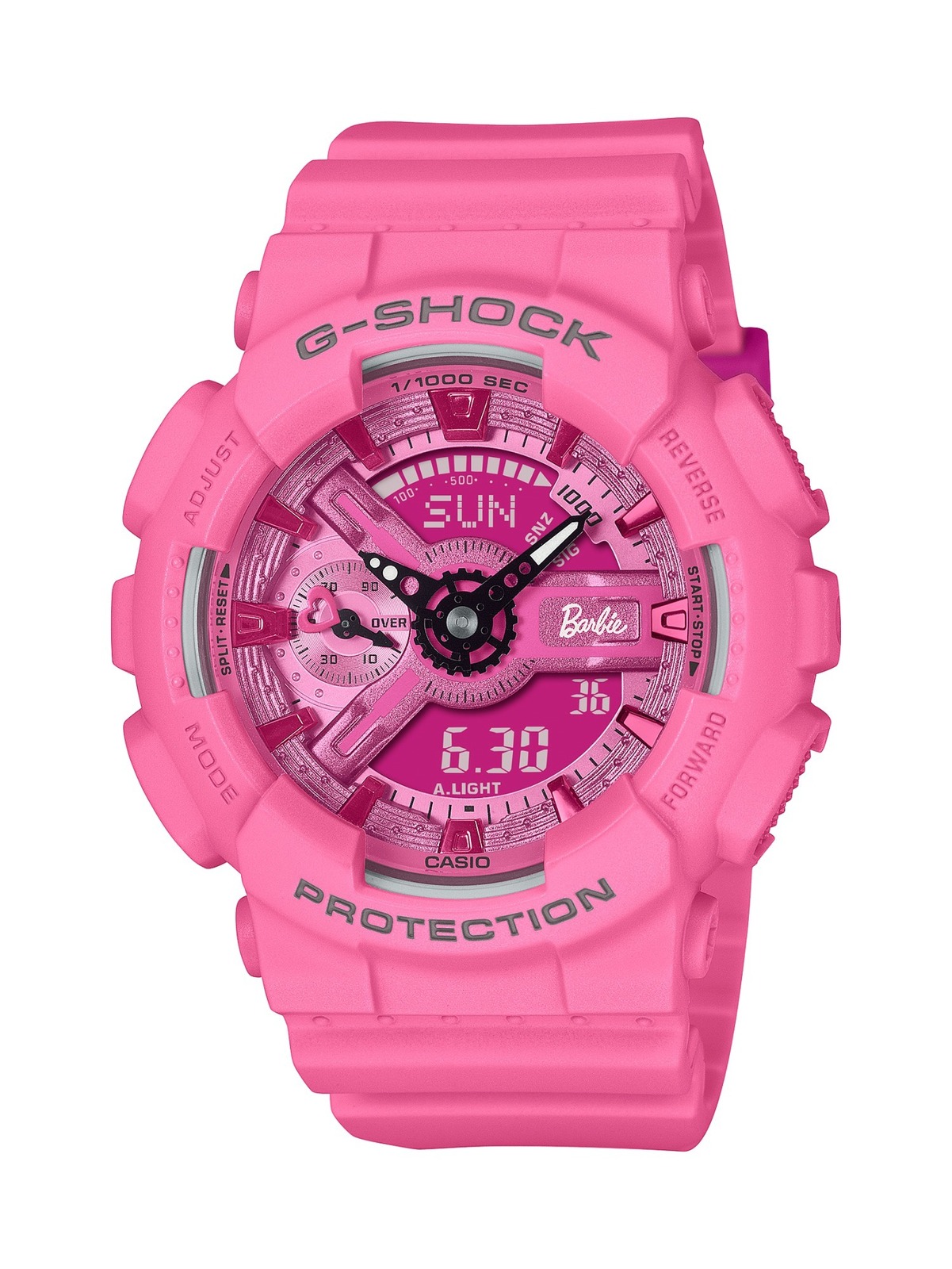G-SHOCK「バービー」腕時計、ハートモチーフの小針やロゴを配した