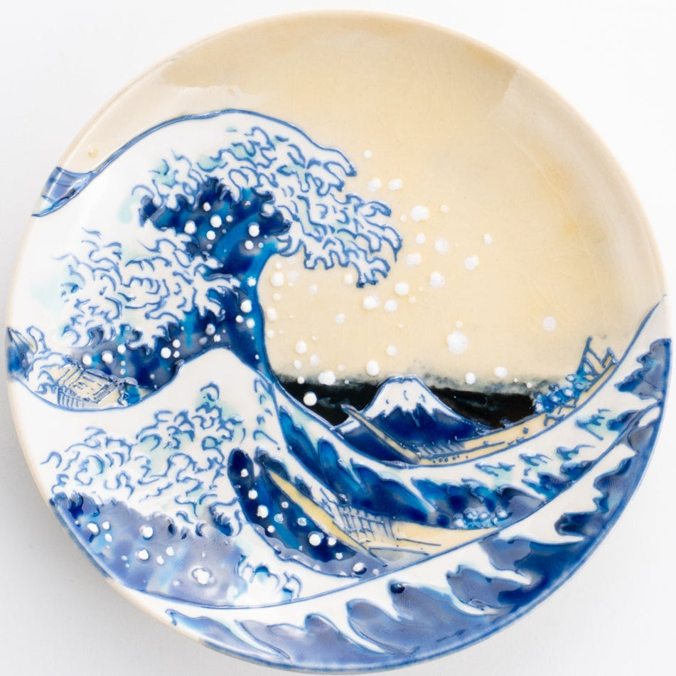 京都 清水焼】4寸飾皿 北斎写「富嶽三十六景 神奈川沖浪裏」 山本一如