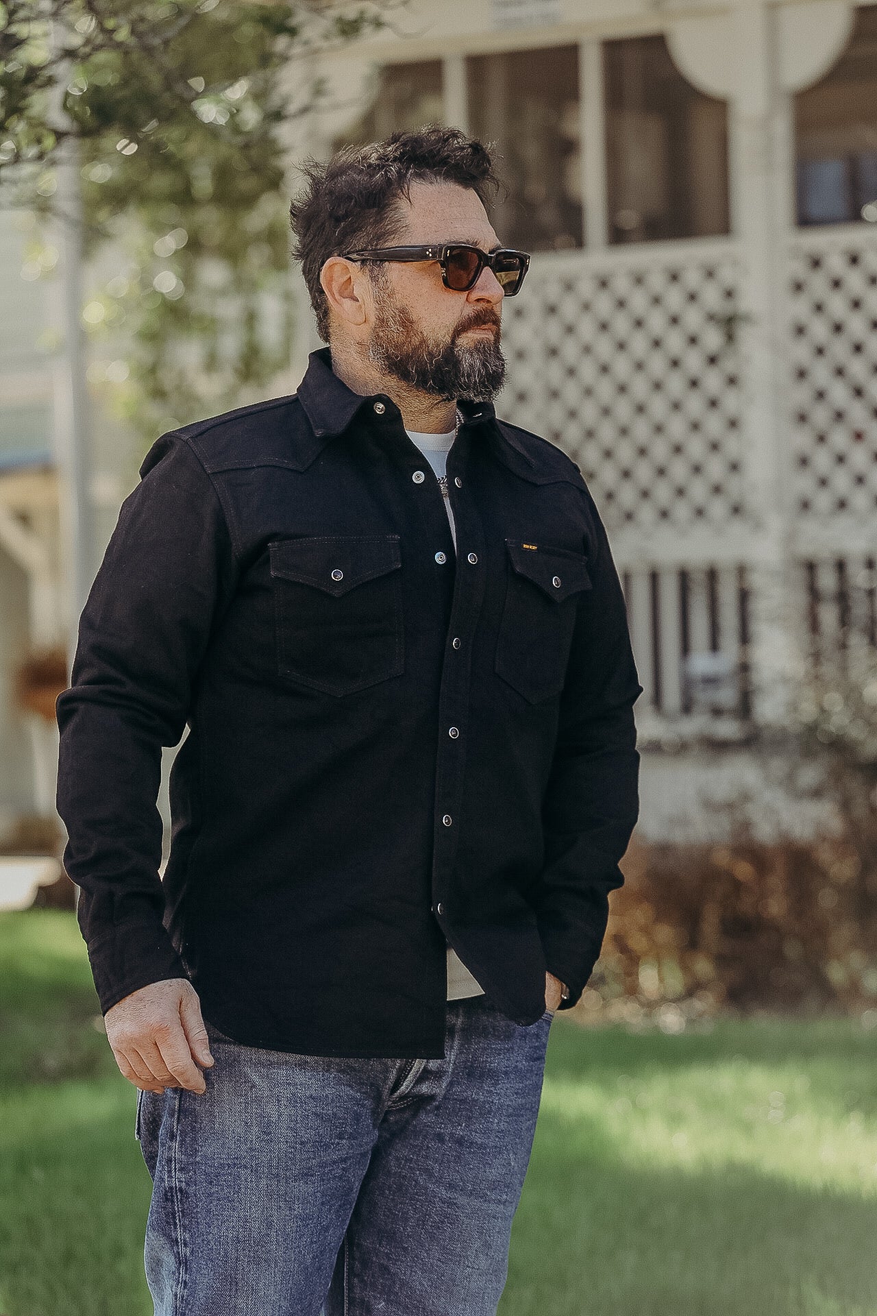 14oz Selvedge Denim Western Shirt - Black/Black IHSH-295-BB – Iron