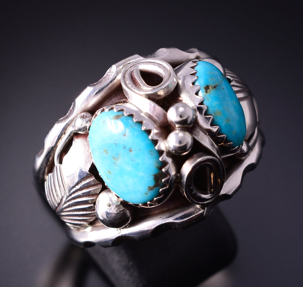 Size 12-3/4 Silver & Turquoise Feathers Navajo Men's Ring - Max