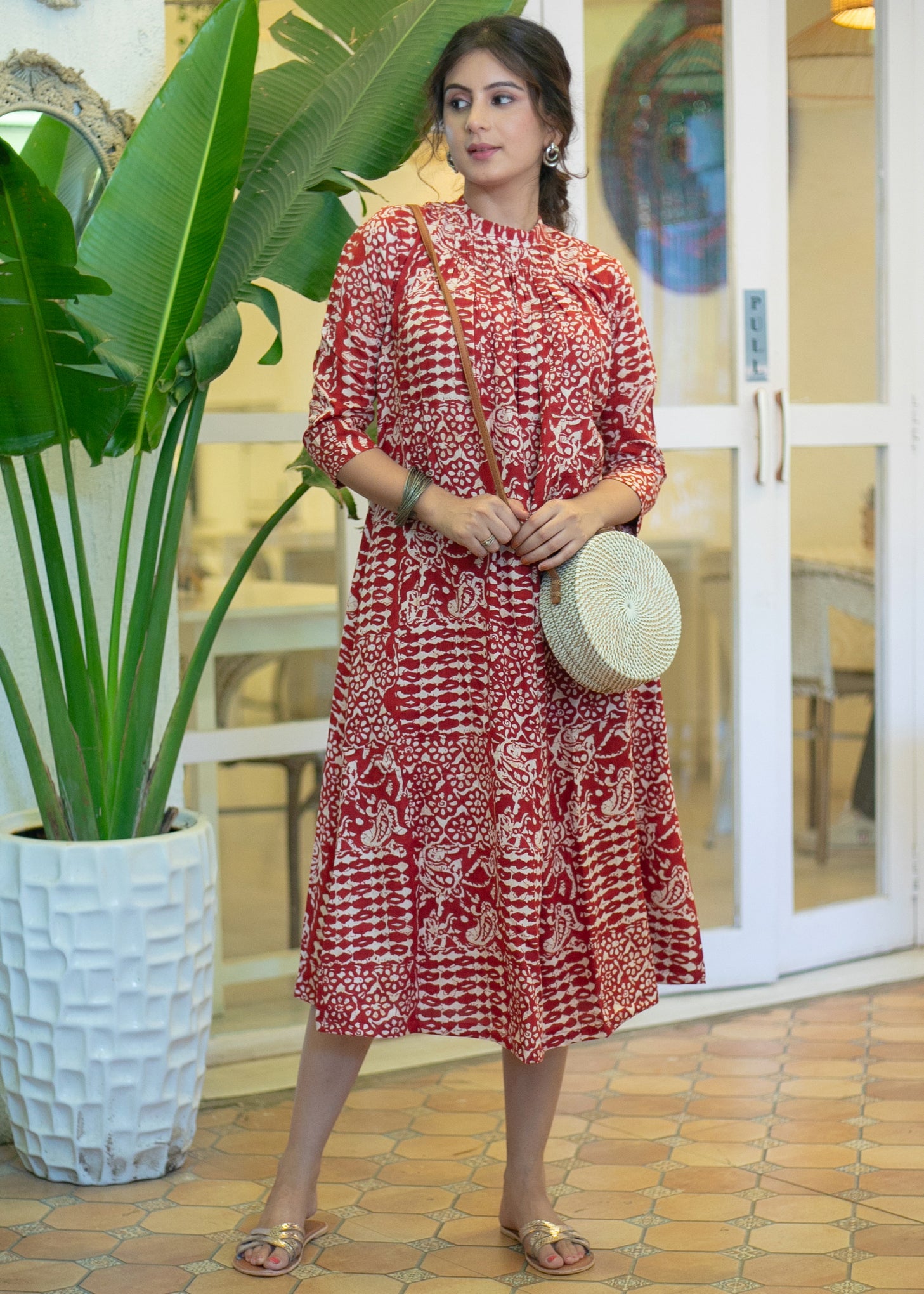 Classy Red Printed High Neck Kurta /One Piece Dress – Sujatra