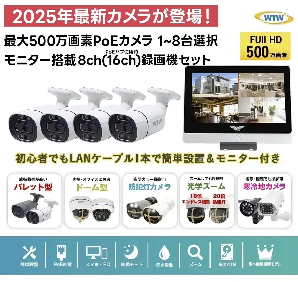 防犯カメラ セット XPOE 8CH ワンケーブル WTW-ENV280GPL【WTW 塚本無線】