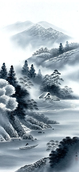 水墨画 掛け軸 小森清 冬山と川の風景 水墨画 掛け軸 小森清 冬山と川