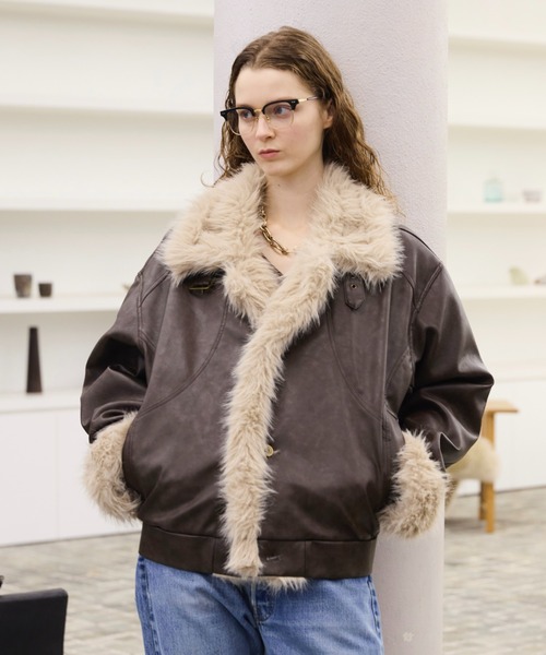 soerte ムートンジャケット ムートンコート Stand Collar Fur-Trimmed