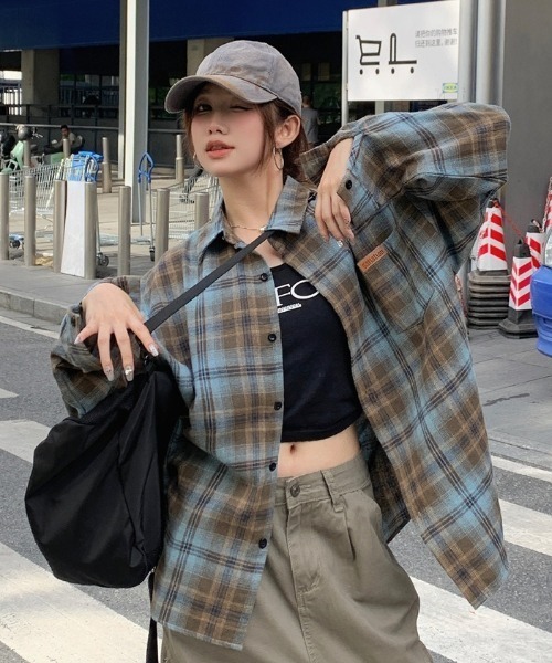 lilful シャツ ワッペン付きビッグシルエットチェックネルシャツ