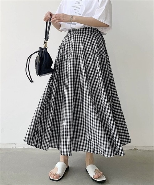 FREE STYLISTS スカート ギンガムチェック柄フレアシルエットロング丈