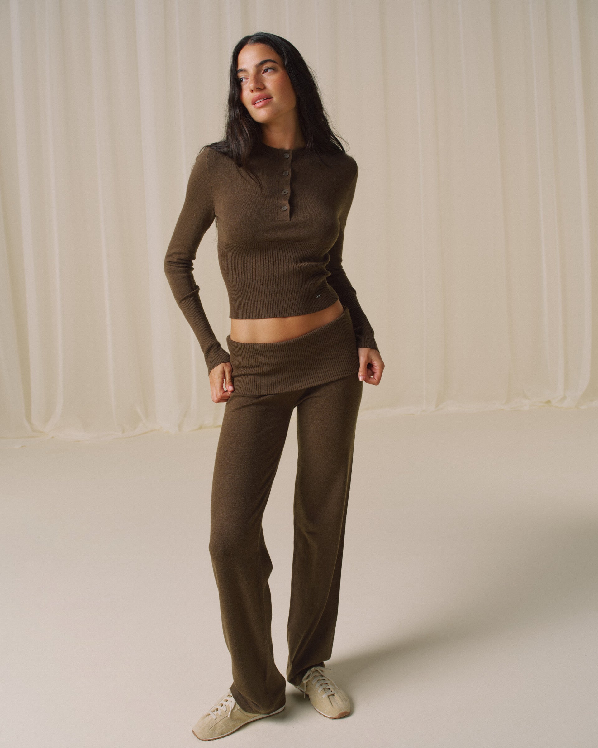 Knit Button Up Top - Dark Mocha Brown ANDMARY Amari knit tops