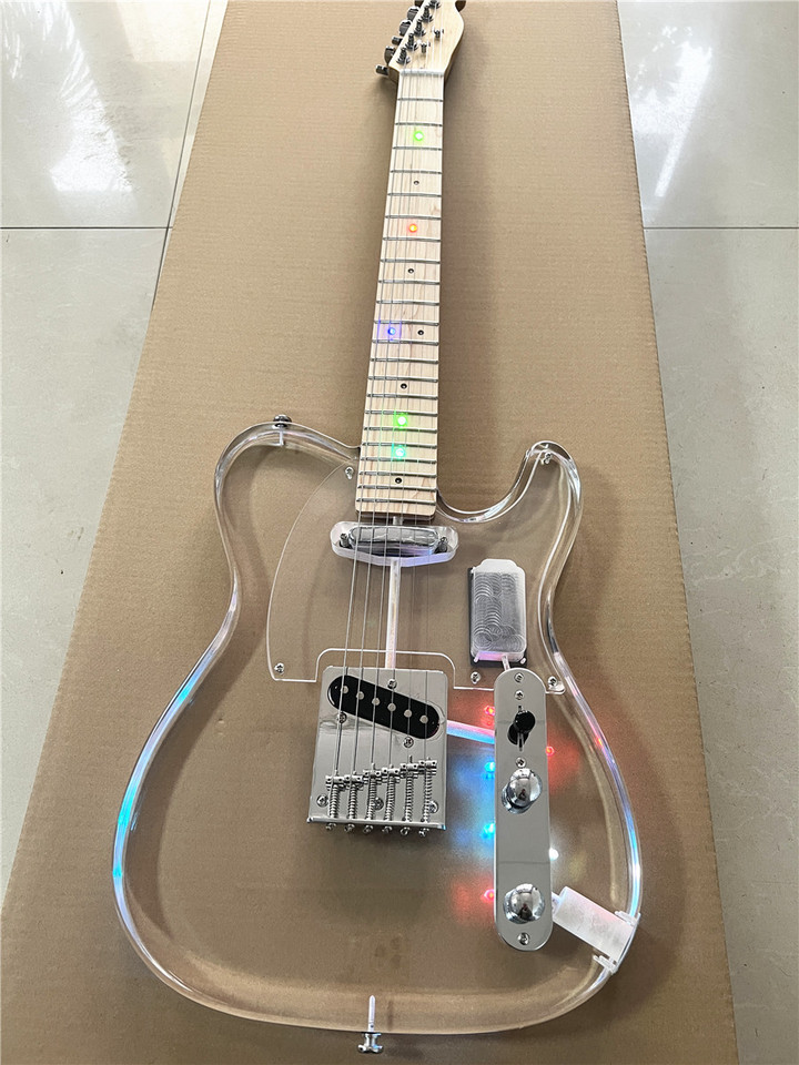 クラシックなアクリルエレキギター,LEDライト付き,高品質,透明