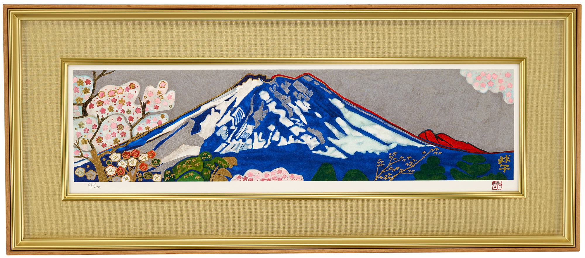 大型絵画 風景 片岡球子「赤富士」サイン 90×60cm 額装済み 肉筆手描き