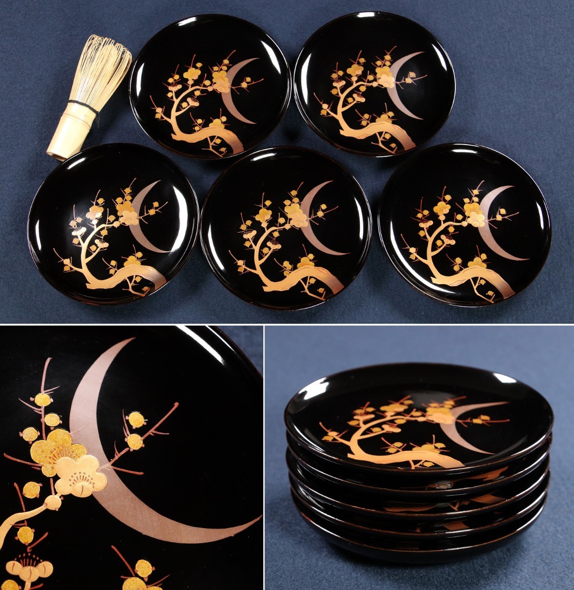 CF85 時代輪島塗 梅に月 金蒔絵 黒塗木皿 五客 約14cm 菓子取皿 木製