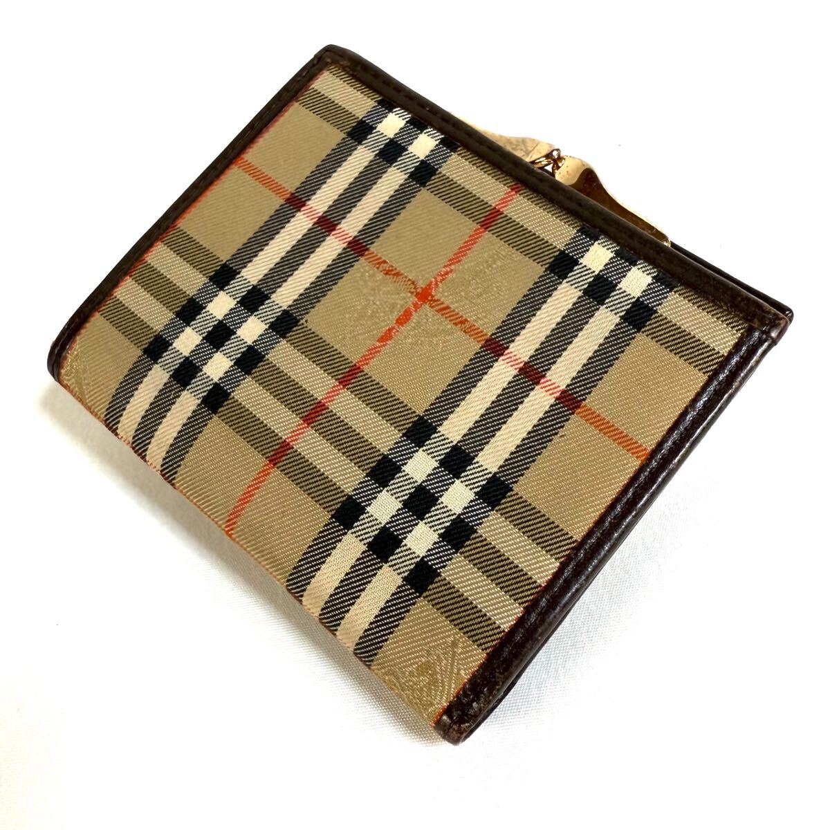 美品】BURBERRY バーバリー キャンバス レザー がま口 二つ折り財布