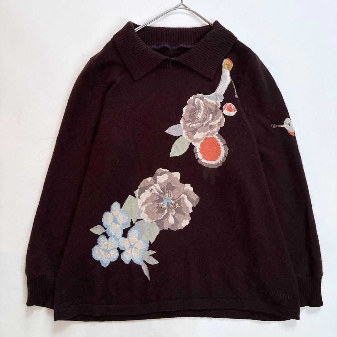 LEONARD レオナール カシミヤ シルク ビーズ刺繍 花柄 ニット