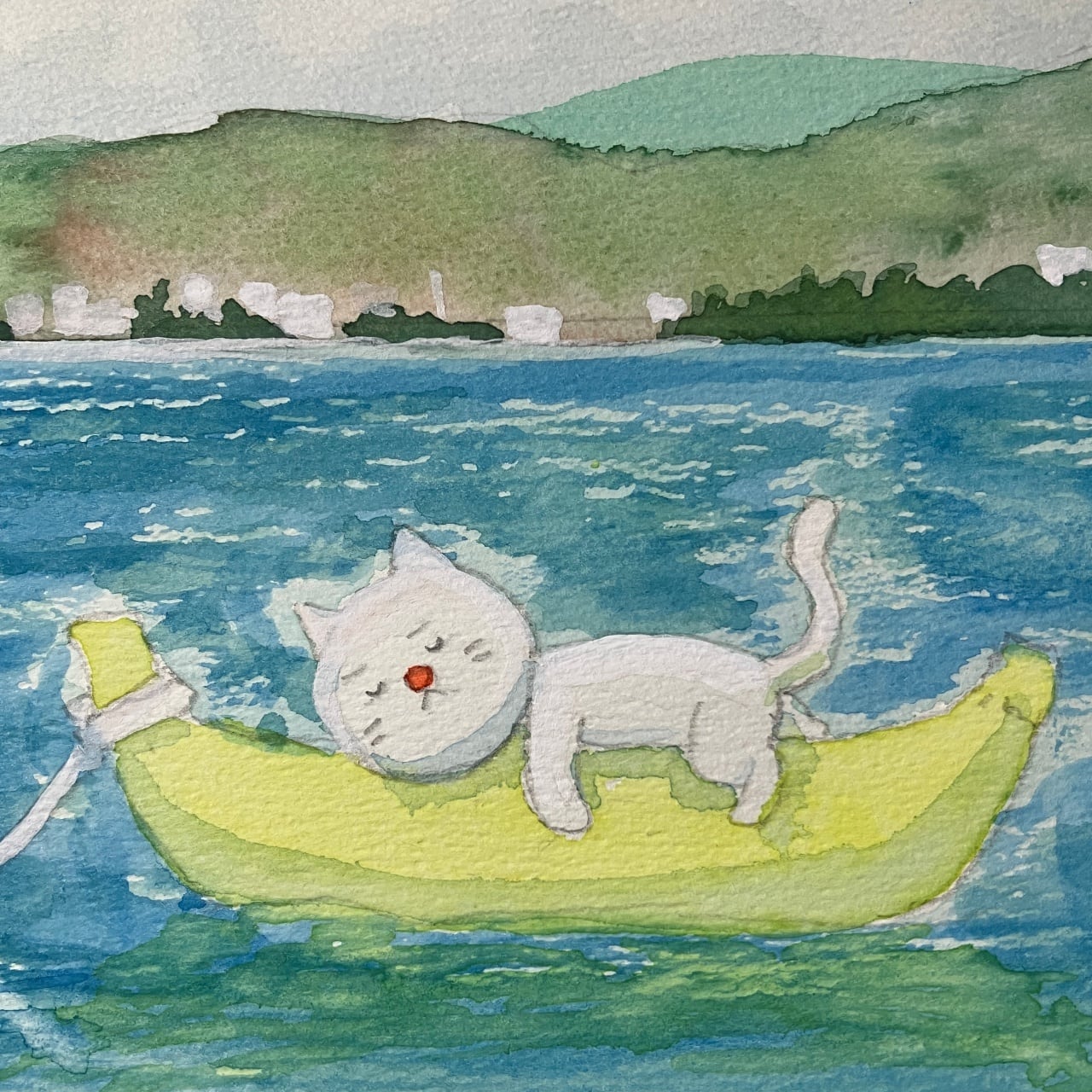 魚と猫の遊覧」水彩画｜原画 | Mitsutomo