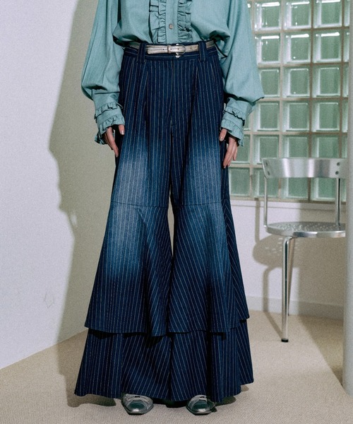 seyto（セイト）の「Stripe layered flare denim pants / ストライプ