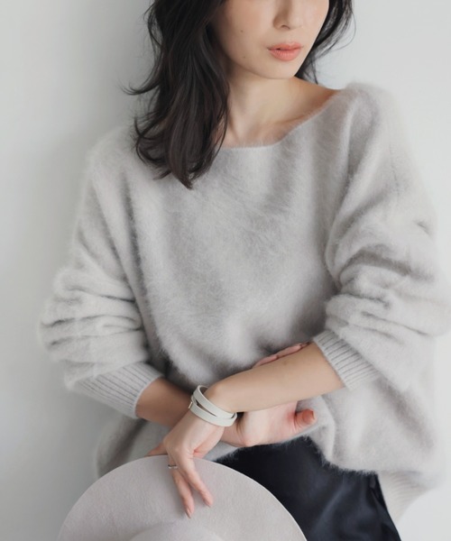 nekoko様anuansラクーンボートネックニットプルオーバーICE GREY ア