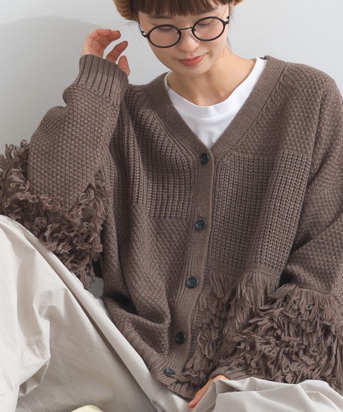 アクリル 5G4PLY ブロック 切替 フリンジ Vネック カーディガン【 2025