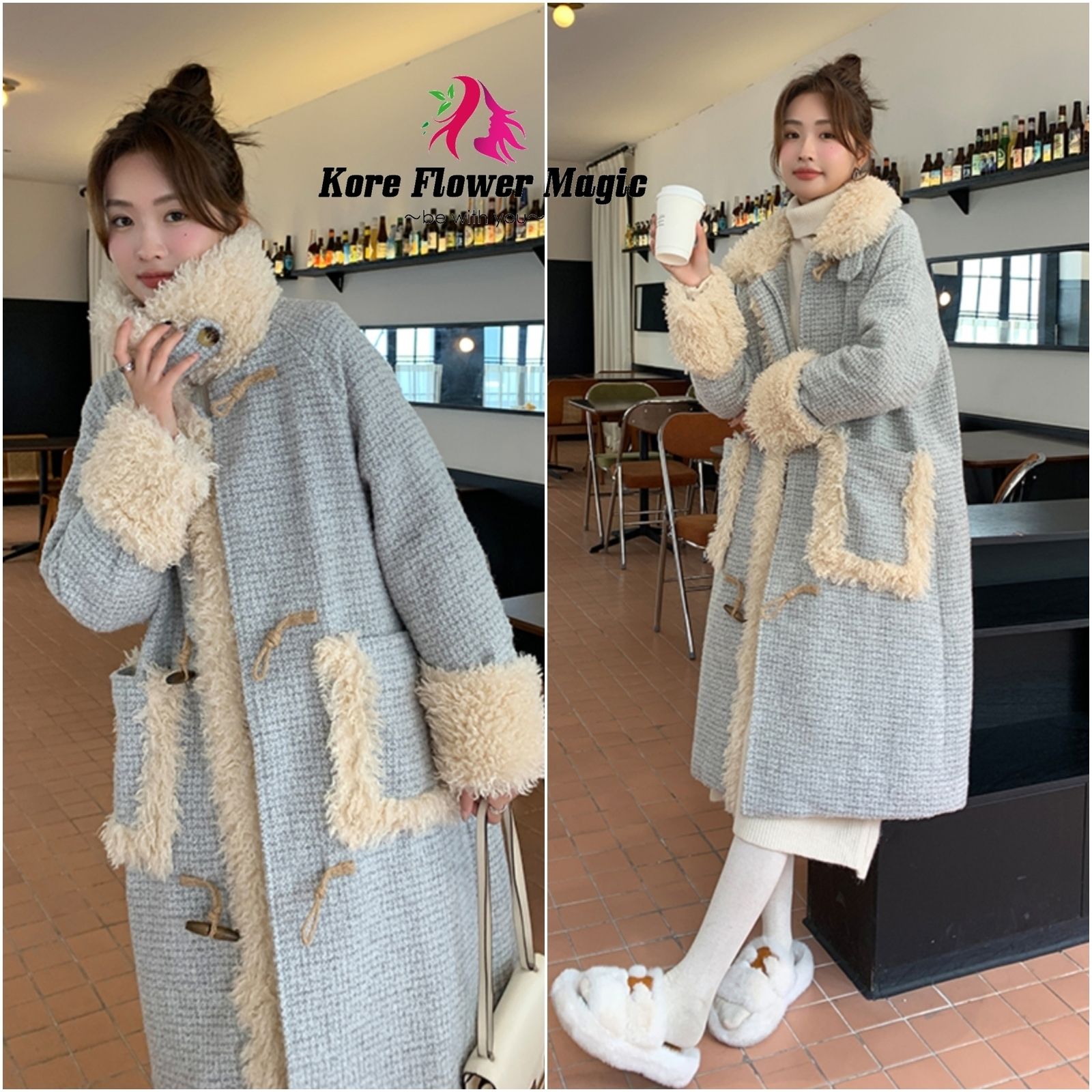 ボア チェック柄 ダッフルコート もこもこ 可愛い ロングコート