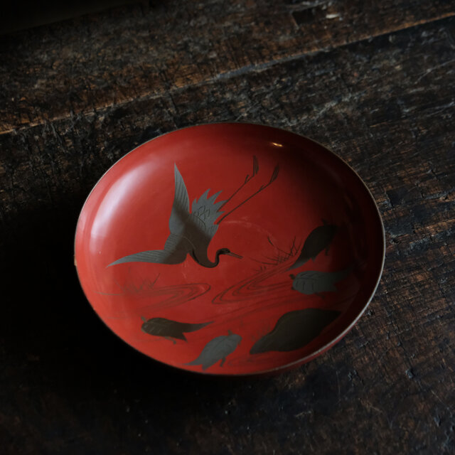 鶴と亀◇味のあるお品物。古輪島塗 漆芸蒔絵盃 中皿 漆器 古道具 骨董
