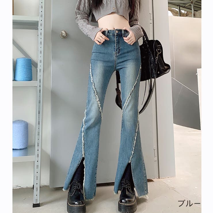 フリンジデザインスリットフレアデニムパンツ 秋 冬[品番：SHNW0008236