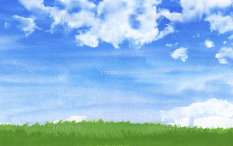 緑の草原に青空と夏雲水彩画のイラスト素材 [FYI04866412] | ストック