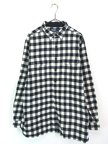 古着 Polo Ralph Lauren 黒×白 ブロック チェック マチ付 フランネル