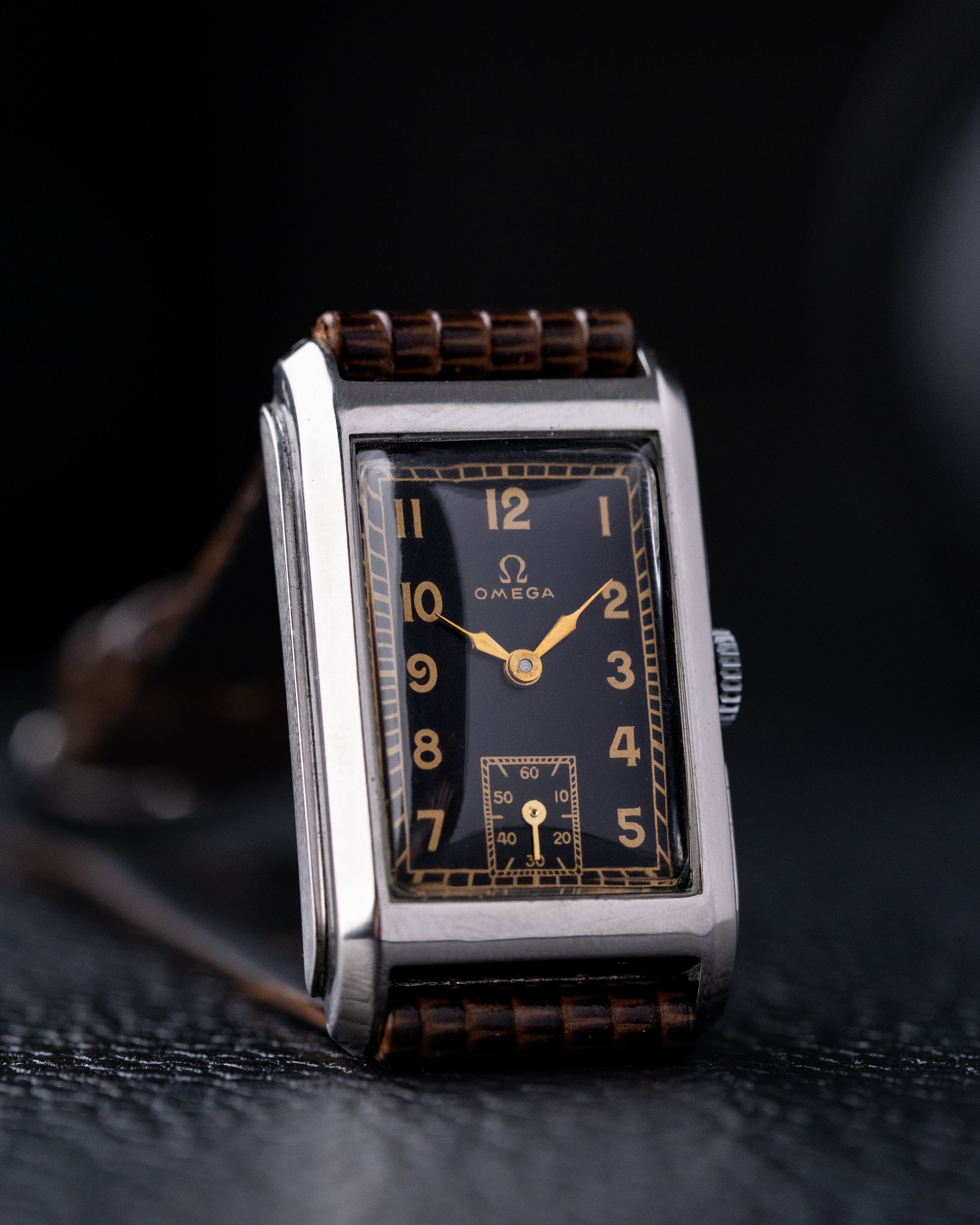 Omega Art Deco Tank, Vintage Swiss watch, Black Gilt Dial, Cal