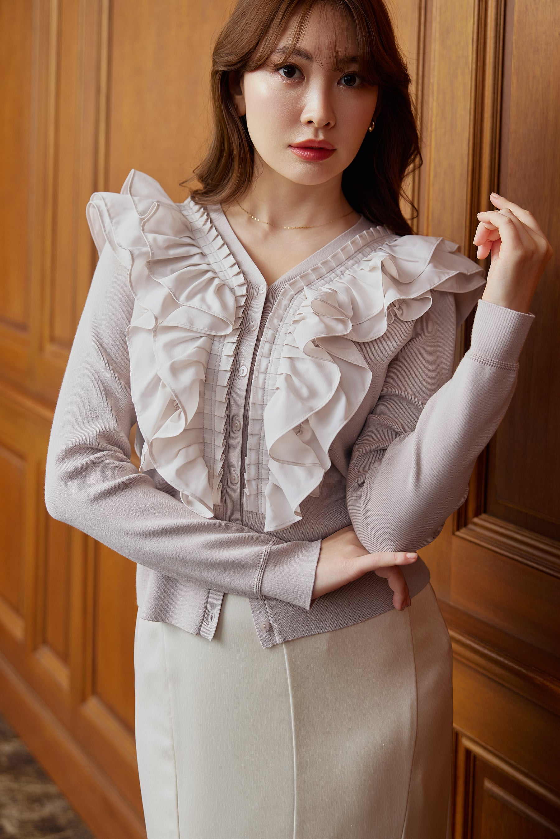 2月下旬発送】【nude rose / black】Ruffle Pleated Knit Cardigan