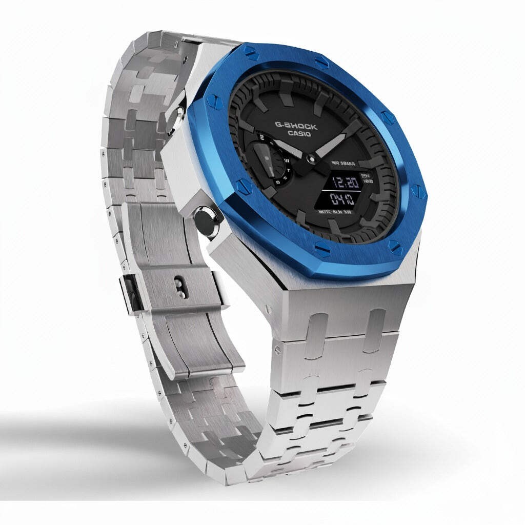 Casioak Custom Modded Metal Watch GA-2100 Mod Silver Case & Blue