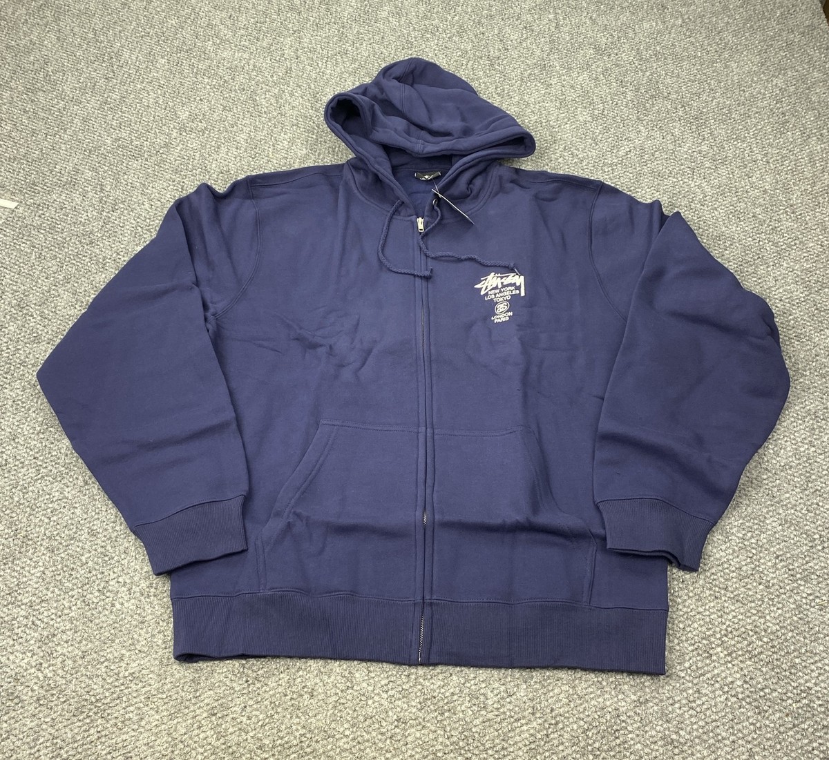 Stussy World Tour Zip Hoodie Mens XL Full Zip Streetwear Cities