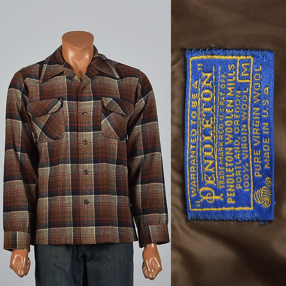 XL 1960s Mens Pendleton Wool Plaid Shirt VTG Long Sleeve Square