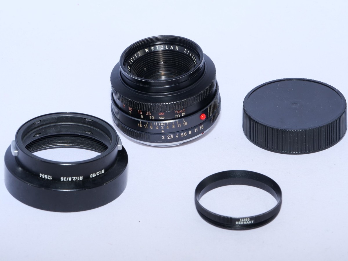 Leica Summicron-R 50mm f2 lens. Germany. 1 CAM. RED SCALE. Hood