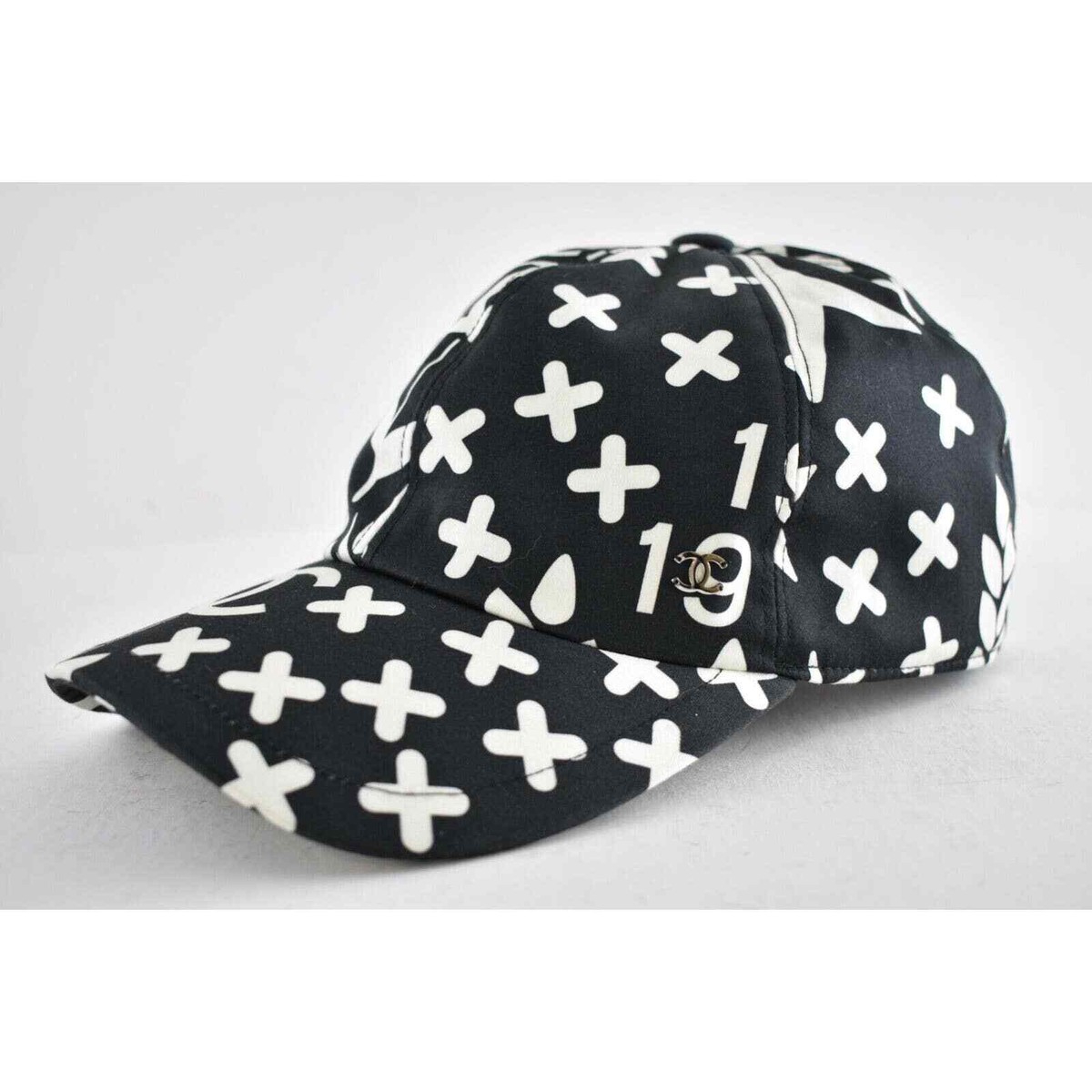 Chanel 22P Black White Graffiti CC Silver Logo Baseball Cap Curved