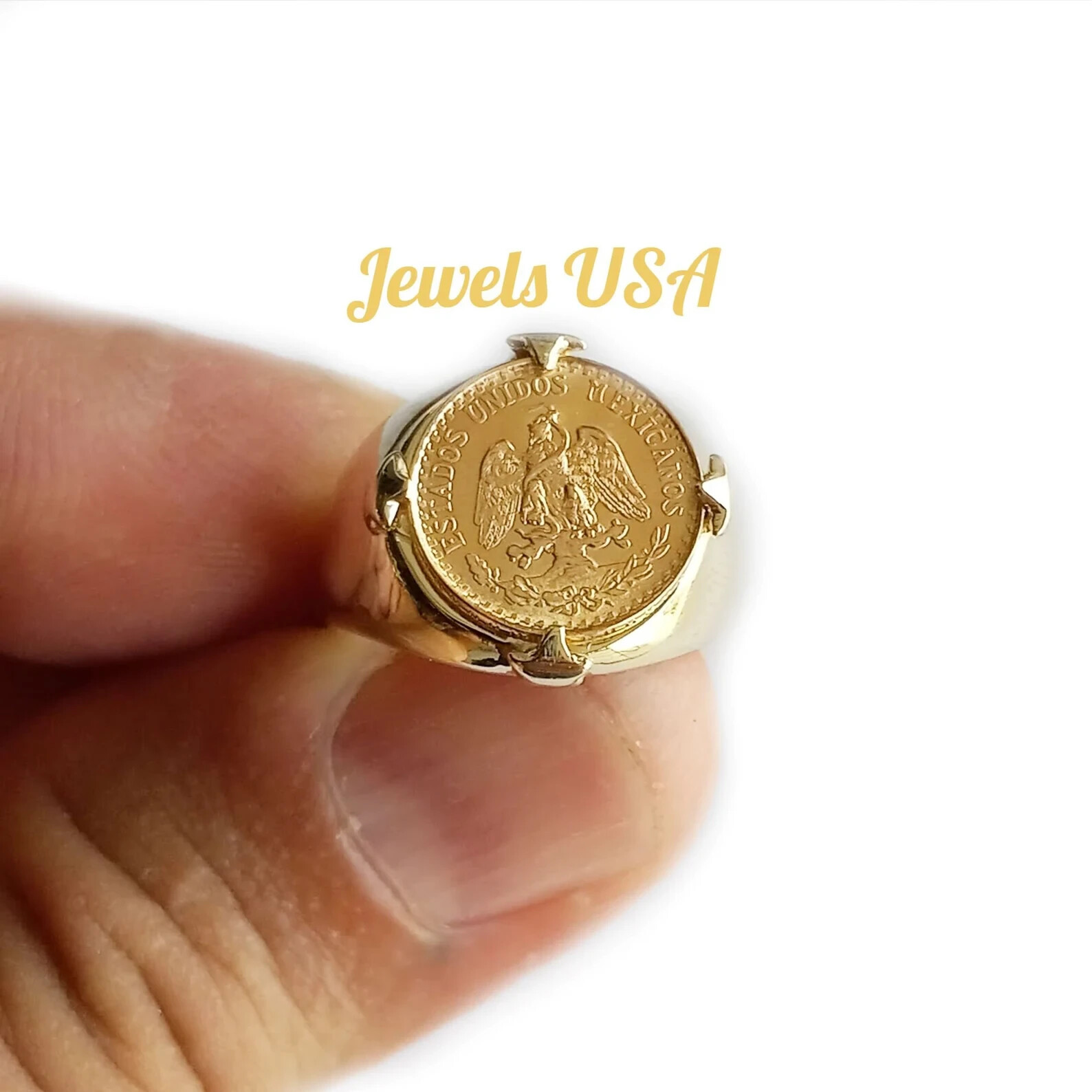 1945 Dos Pesos Genuine Gold Coin Ring, 14K Real Yellow Gold Ring