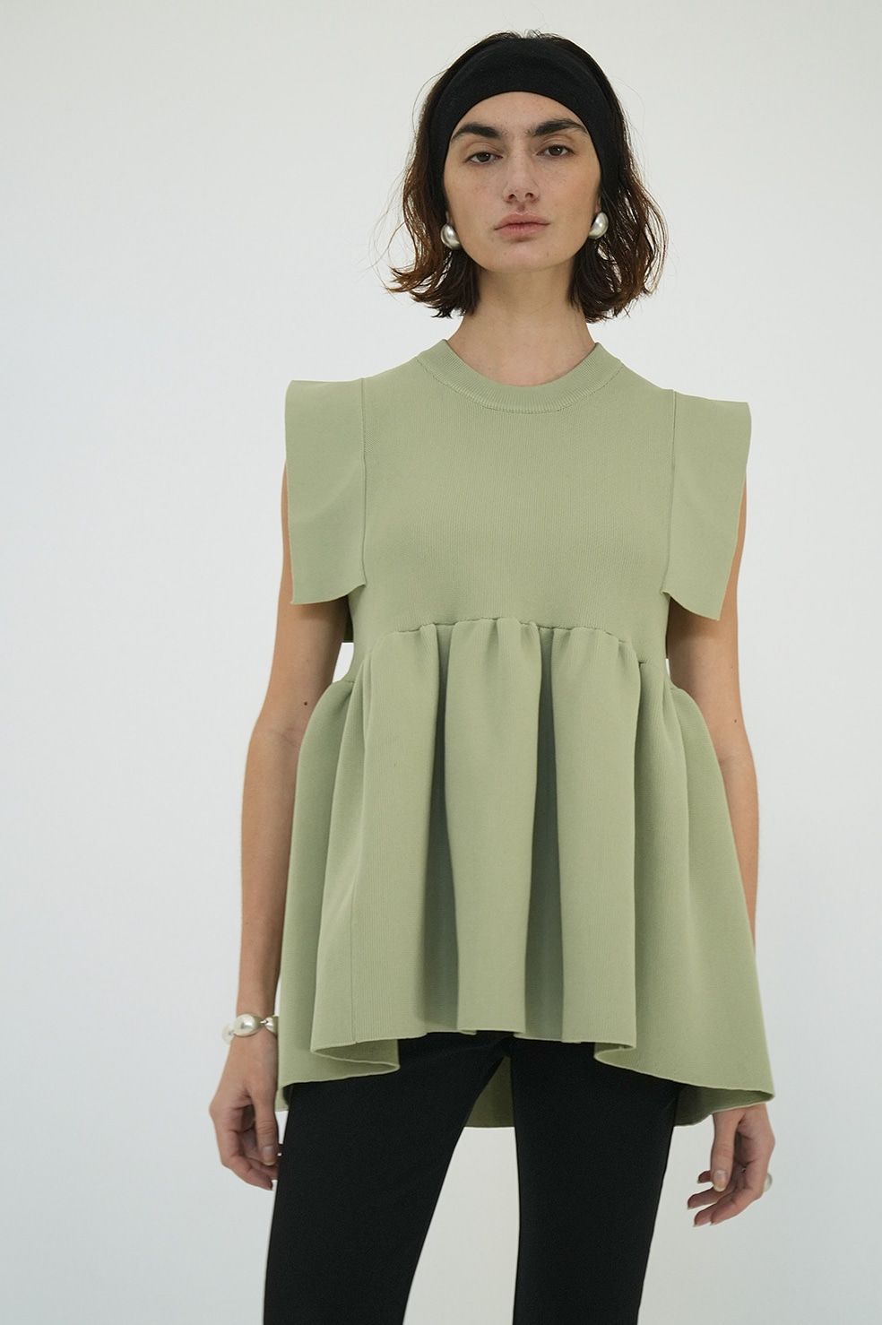 CLANE - 【25SS】 SQUARE SLEEVE GATHER KNIT TOPS - BLACK | スクエア
