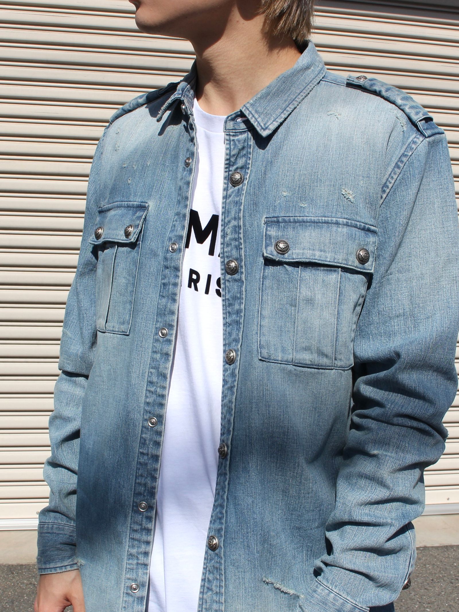 BALMAIN - エンボスロゴ ダメージデニムシャツ / SHIRTS DENIM EMBOSS
