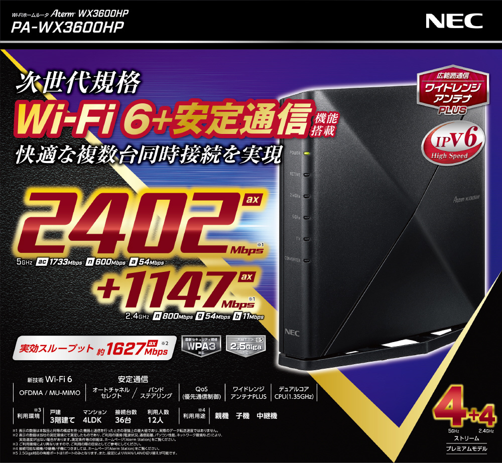 Wi-Fiルーター Aterm(エーターム) PA-WX3600HP ［Wi-Fi 6(ax) /IPv6