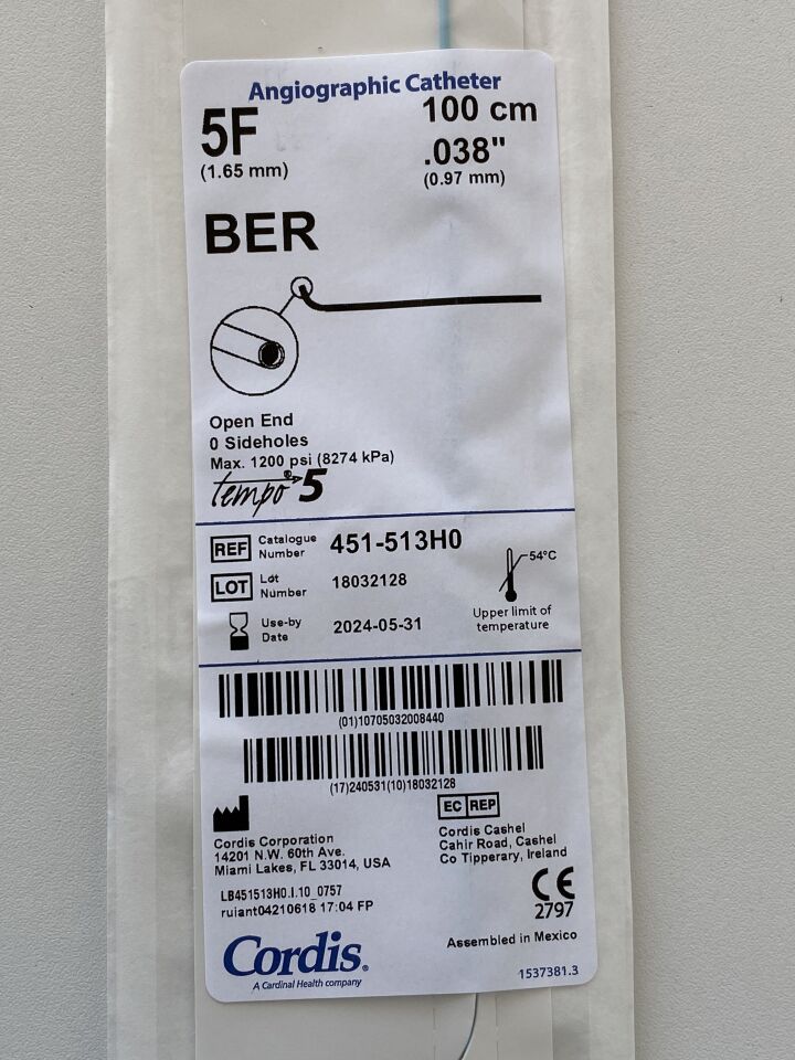 New CORDIS Tempo 5 Angiographic Catheter 451-513H0 Exp.2024-05 to