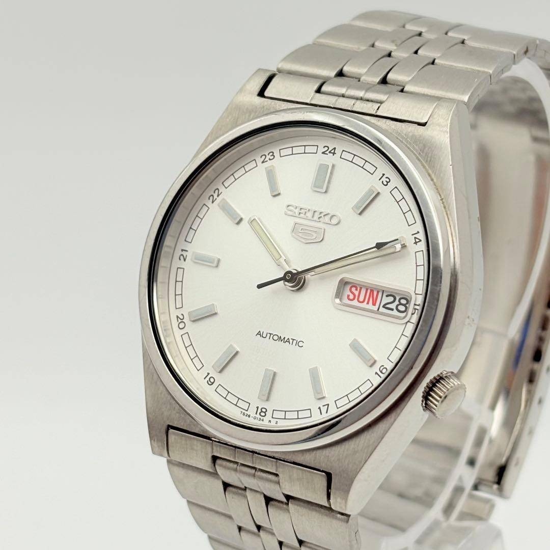 美品☆稼働】SEIKO5 セイコー5 自動巻き シルバー デイデイト メンズの